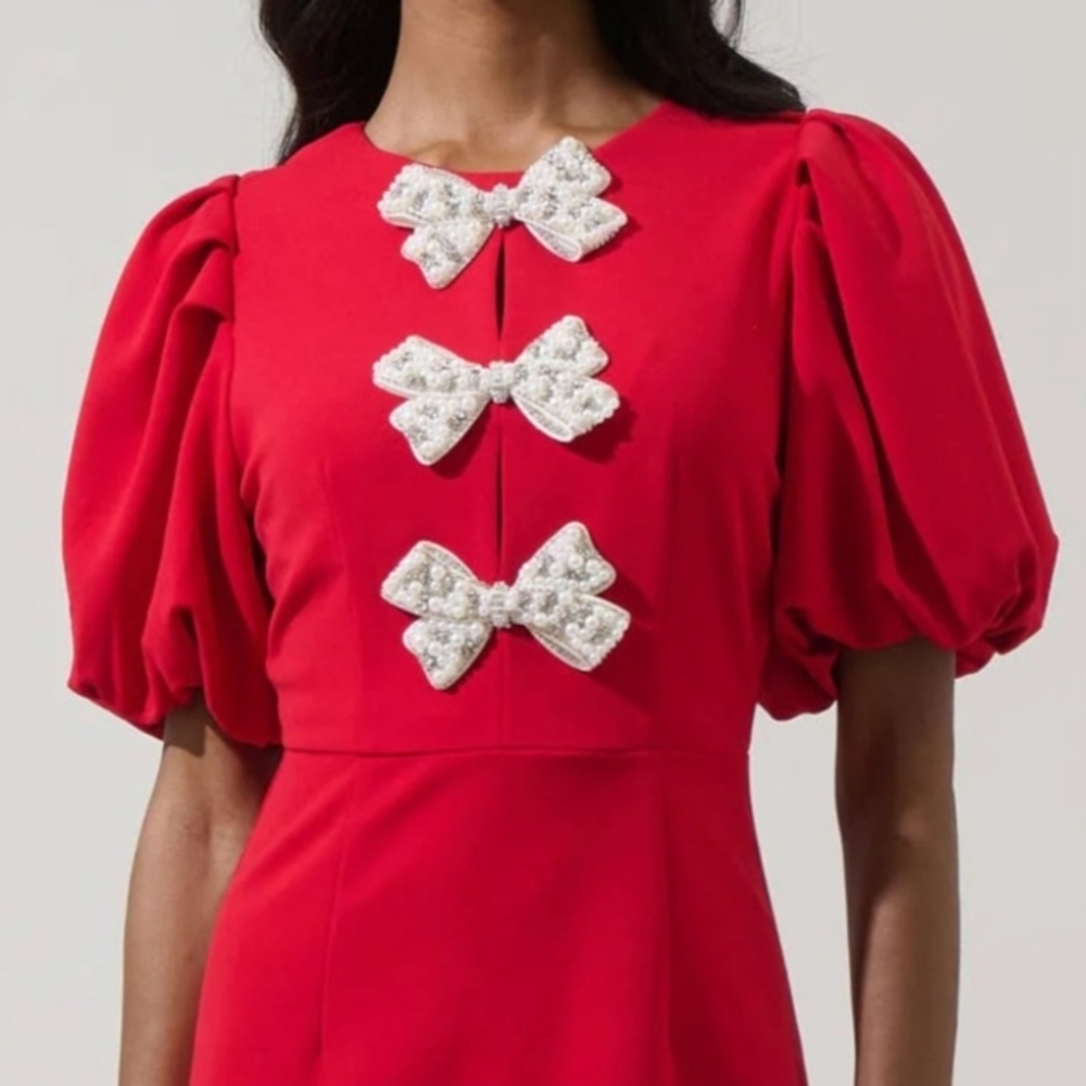 Sugarlips Red Mini Dress with Pearl Bow Accents